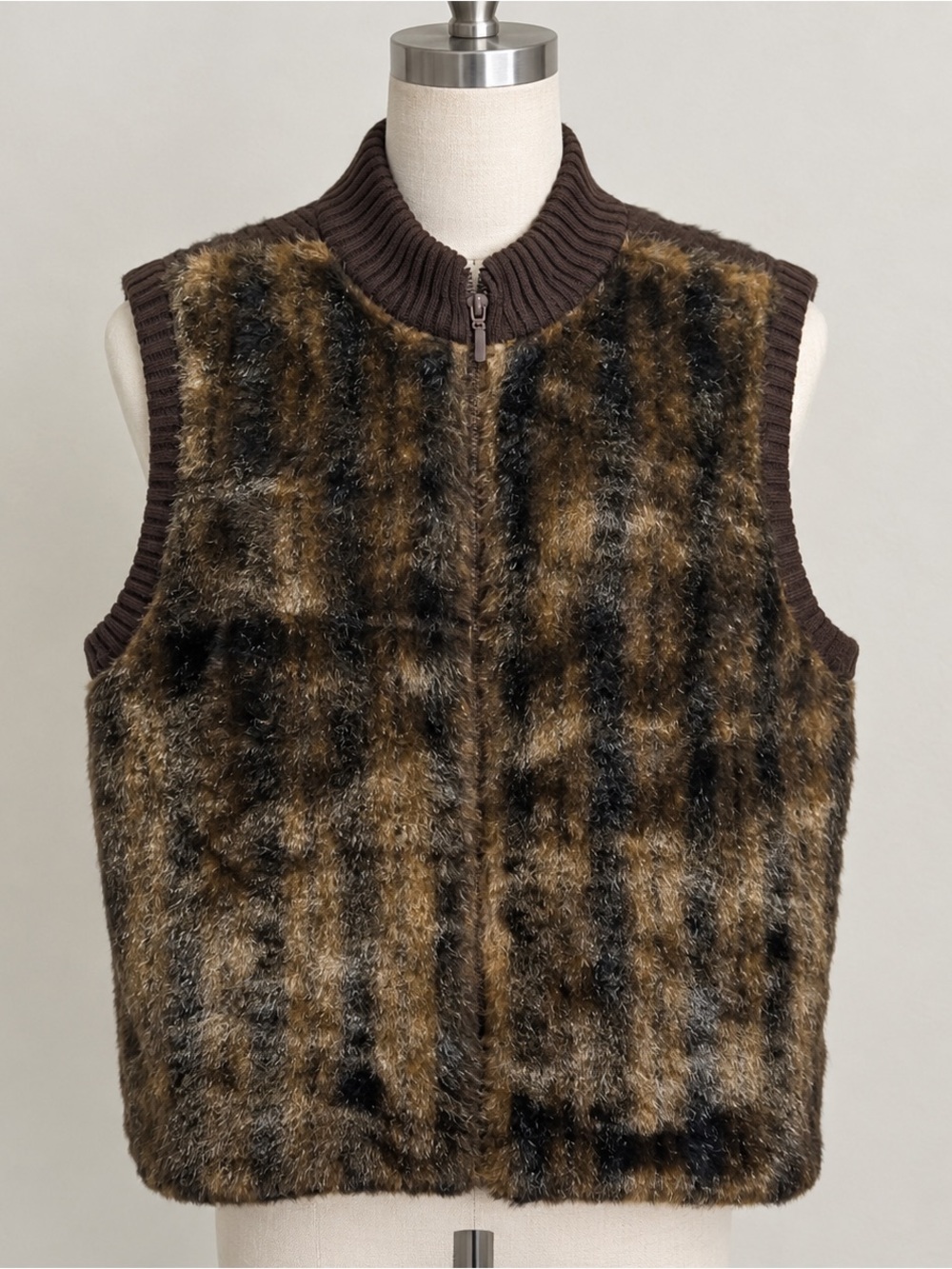 Vtg Faux Fur Brown Cozy Fall Layering Luxe Boho Après-Ski Full Zip Vest Sz L